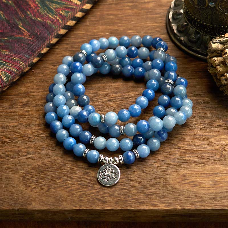 Wear FengShui 108 Mala Beads Multi-layer Natural Blue Aventurine Lotus Calm Bracelet
