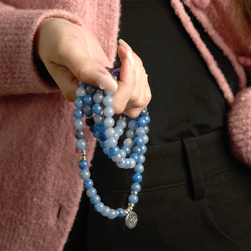Wear FengShui 108 Mala Beads Multi-layer Natural Blue Aventurine Lotus Calm Bracelet