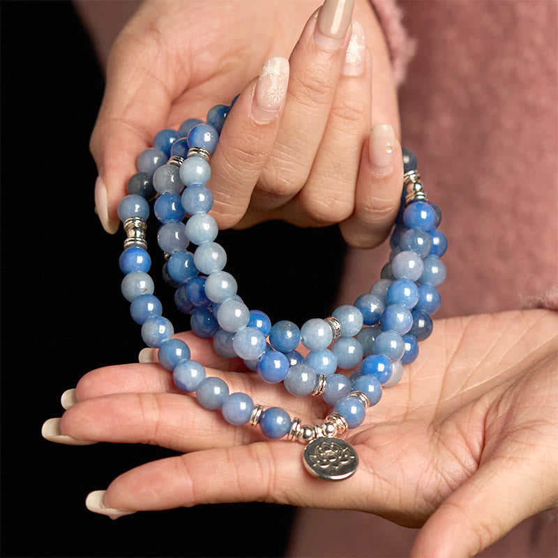 Wear FengShui 108 Mala Beads Multi-layer Natural Blue Aventurine Lotus Calm Bracelet