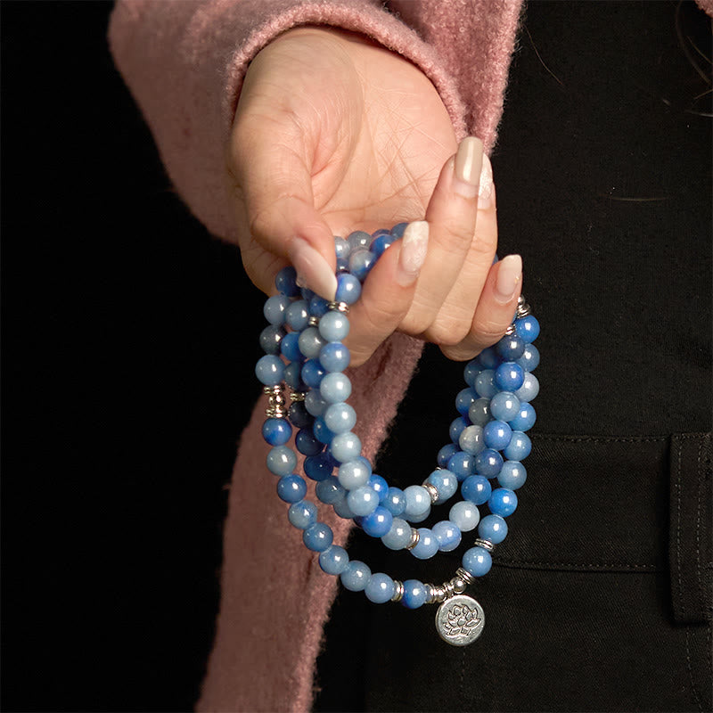 Wear FengShui 108 Mala Beads Multi-layer Natural Blue Aventurine Lotus Calm Bracelet