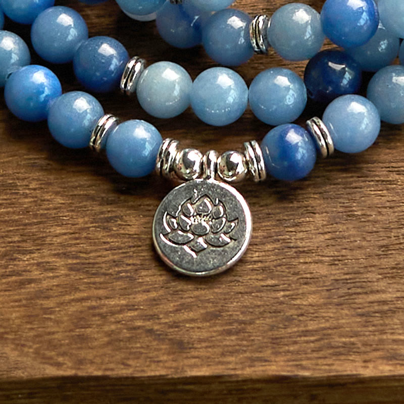 Wear FengShui 108 Mala Beads Multi-layer Natural Blue Aventurine Lotus Calm Bracelet