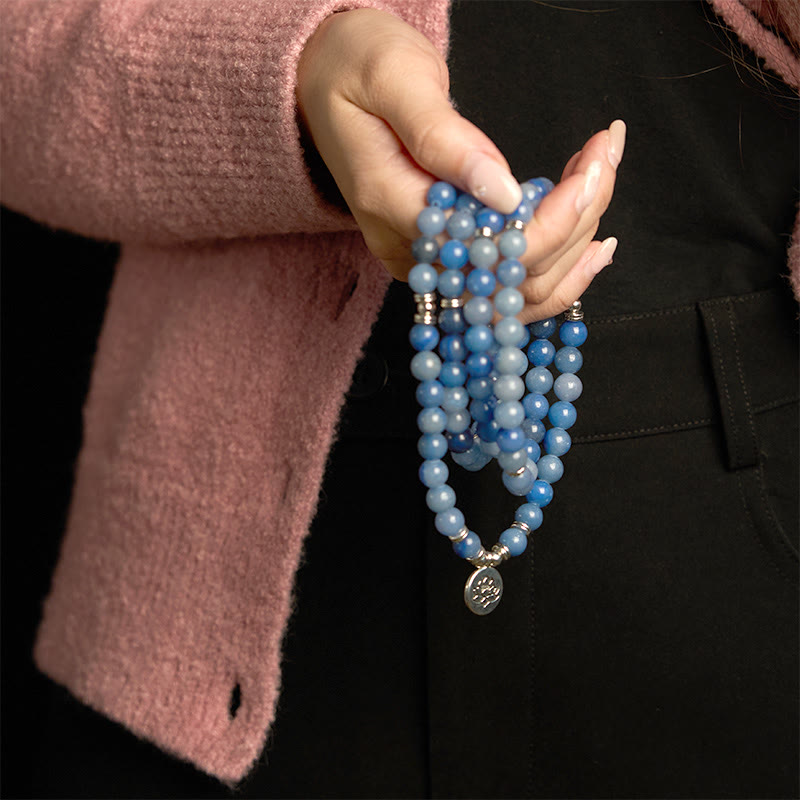 Wear FengShui 108 Mala Beads Multi-layer Natural Blue Aventurine Lotus Calm Bracelet