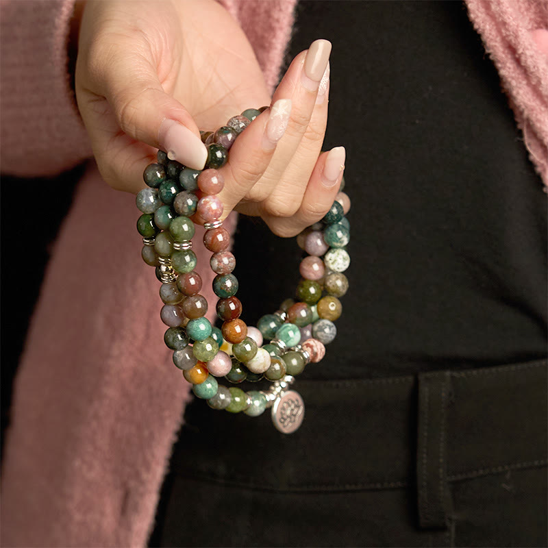 Wear FengShui 108 Mala Beads Natural Stone Indian Agate Lotus Calm Bracelet