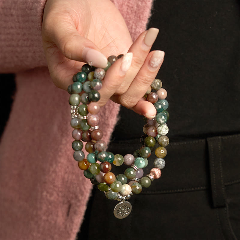 Wear FengShui 108 Mala Beads Natural Stone Indian Agate Lotus Calm Bracelet