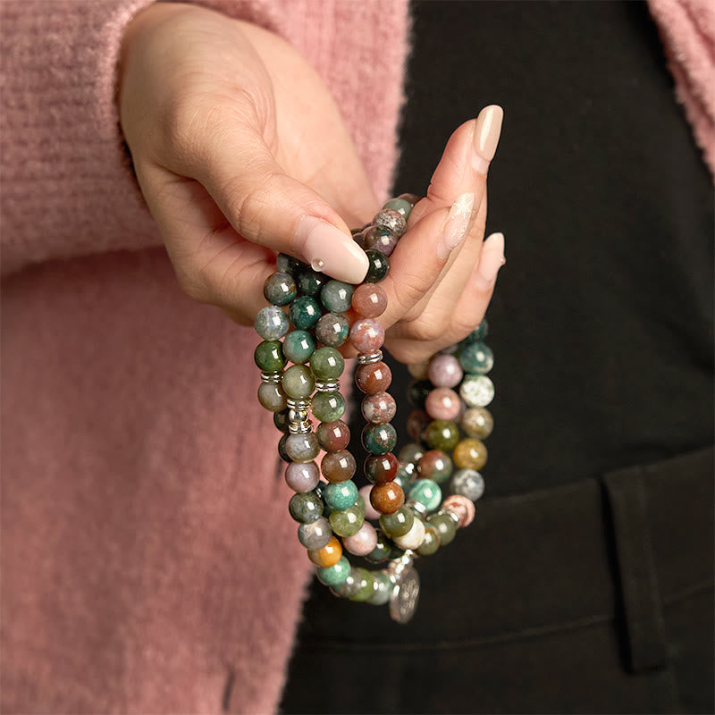 Wear FengShui 108 Mala Beads Natural Stone Indian Agate Lotus Calm Bracelet