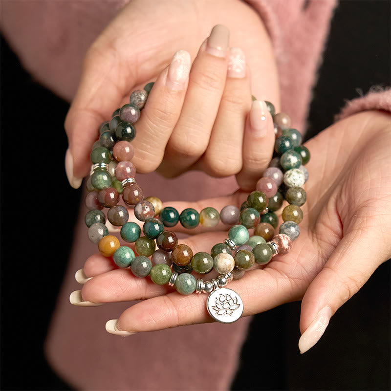 Wear FengShui 108 Mala Beads Natural Stone Indian Agate Lotus Calm Bracelet