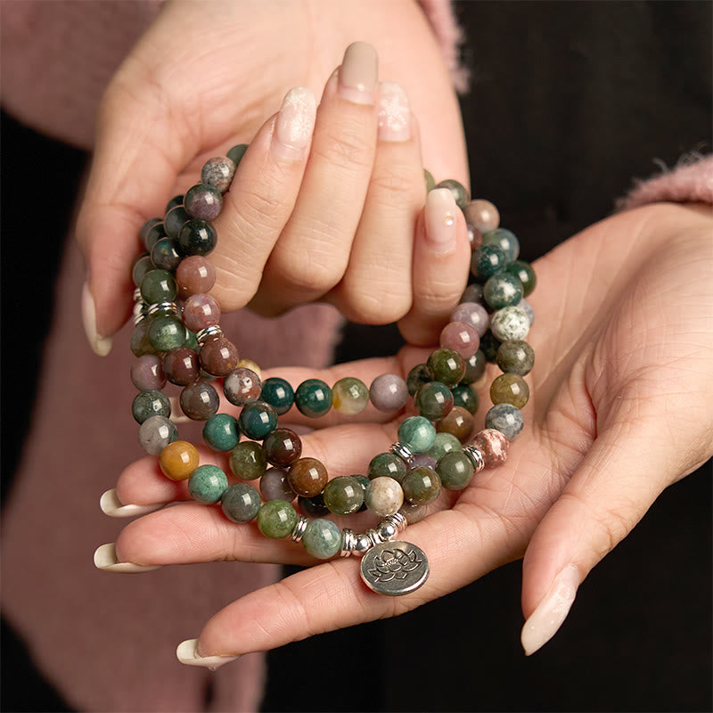 Wear FengShui 108 Mala Beads Natural Stone Indian Agate Lotus Calm Bracelet