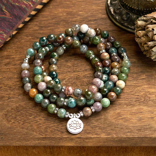 Wear FengShui 108 Mala Beads Natural Stone Indian Agate Lotus Calm Bracelet