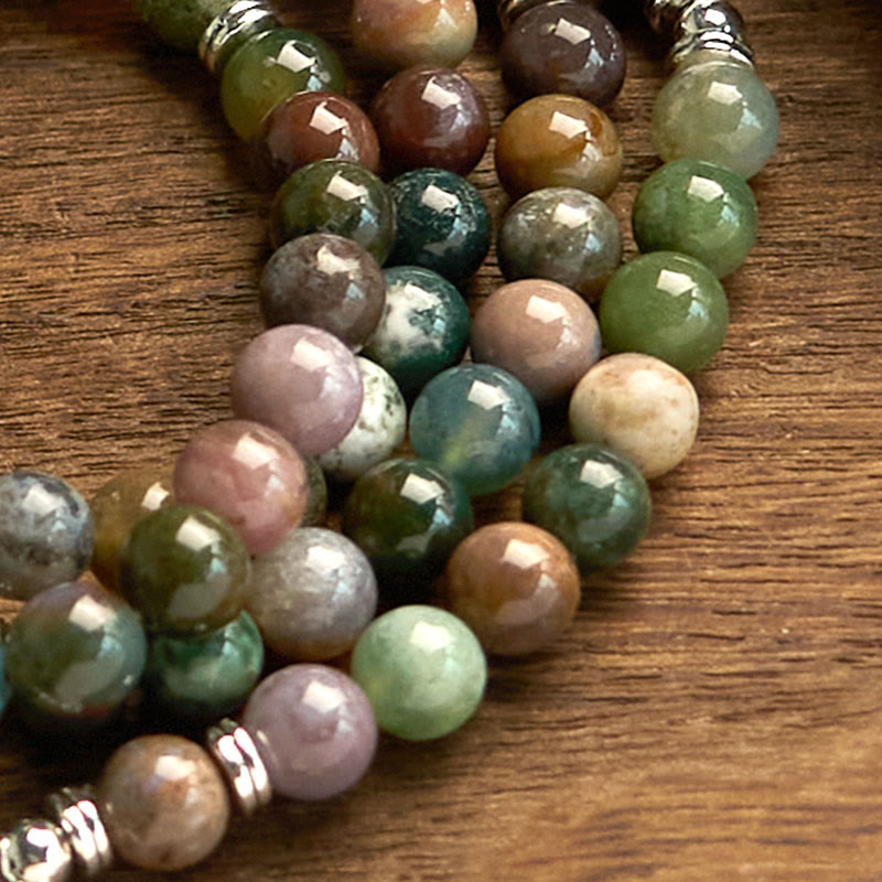 Wear FengShui 108 Mala Beads Natural Stone Indian Agate Lotus Calm Bracelet