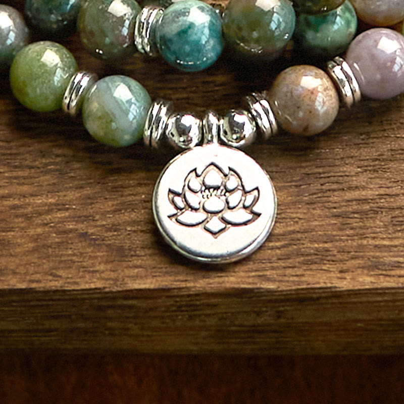 Wear FengShui 108 Mala Beads Natural Stone Indian Agate Lotus Calm Bracelet