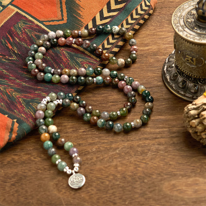 Wear FengShui 108 Mala Beads Natural Stone Indian Agate Lotus Calm Bracelet