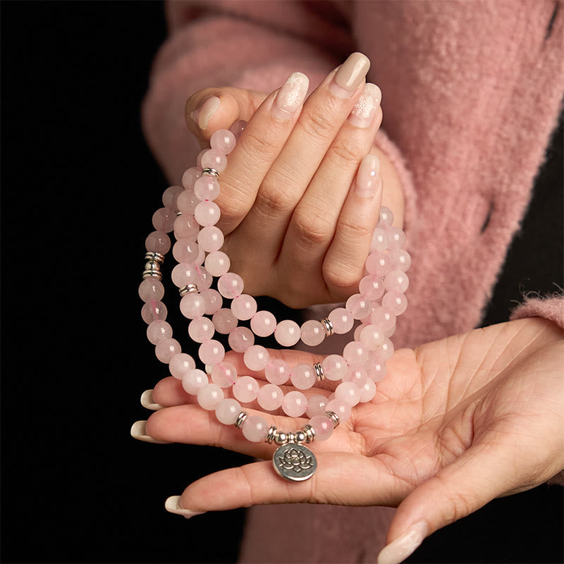 Wear FengShui 108 Mala Beads Natural Stone Rose Quartz Lotus Peace Bracelet
