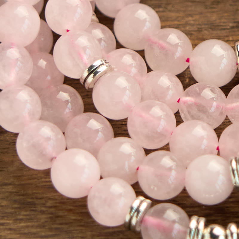 Wear FengShui 108 Mala Beads Natural Stone Rose Quartz Lotus Peace Bracelet
