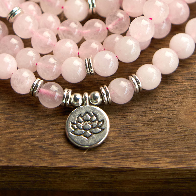 Wear FengShui 108 Mala Beads Natural Stone Rose Quartz Lotus Peace Bracelet