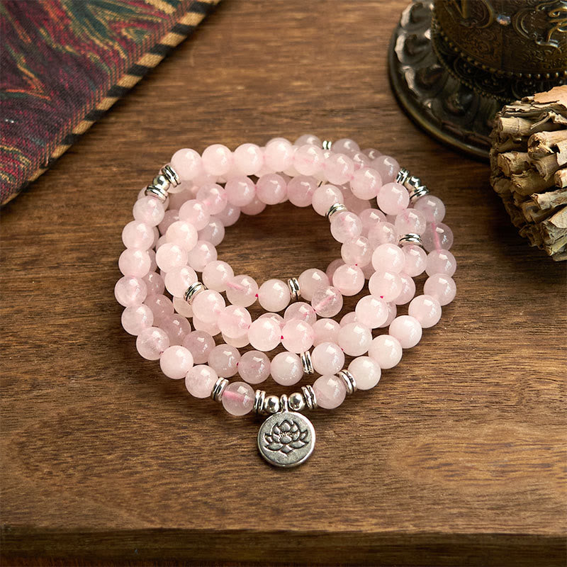 Wear FengShui 108 Mala Beads Natural Stone Rose Quartz Lotus Peace Bracelet
