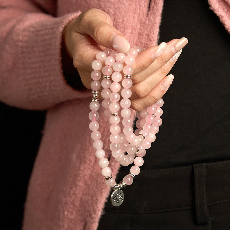 Wear FengShui 108 Mala Beads Natural Stone Rose Quartz Lotus Peace Bracelet