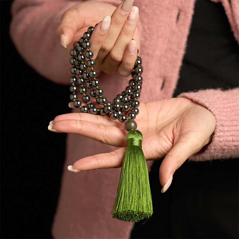Wear FengShui 108 Mala Beads Natural Stone Hematite Tassel Powerful Bracelet