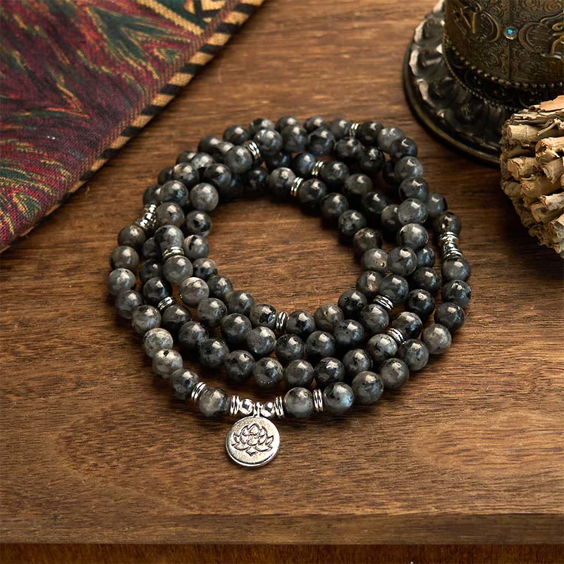 Wear FengShui 108 Mala Beads Multi-layer Natural Black Glitter Stone Lotus Positivity Bracelet