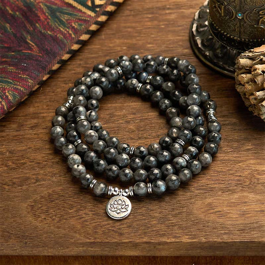 Wear FengShui 108 Mala Beads Multi-layer Natural Black Glitter Stone Lotus Positivity Bracelet