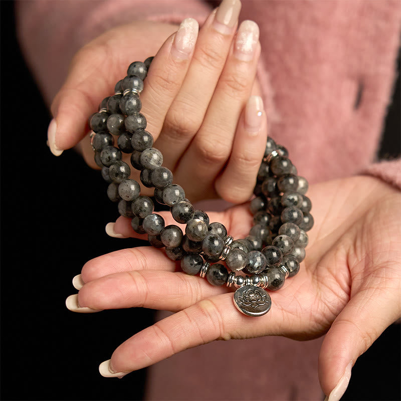 Wear FengShui 108 Mala Beads Multi-layer Natural Black Glitter Stone Lotus Positivity Bracelet