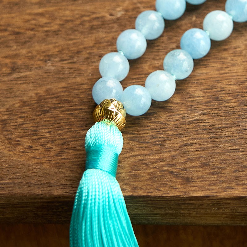 Wear FengShui 108 Mala Beads Natural Stone Aquamarine Tassel Lotus Healing Bracelet