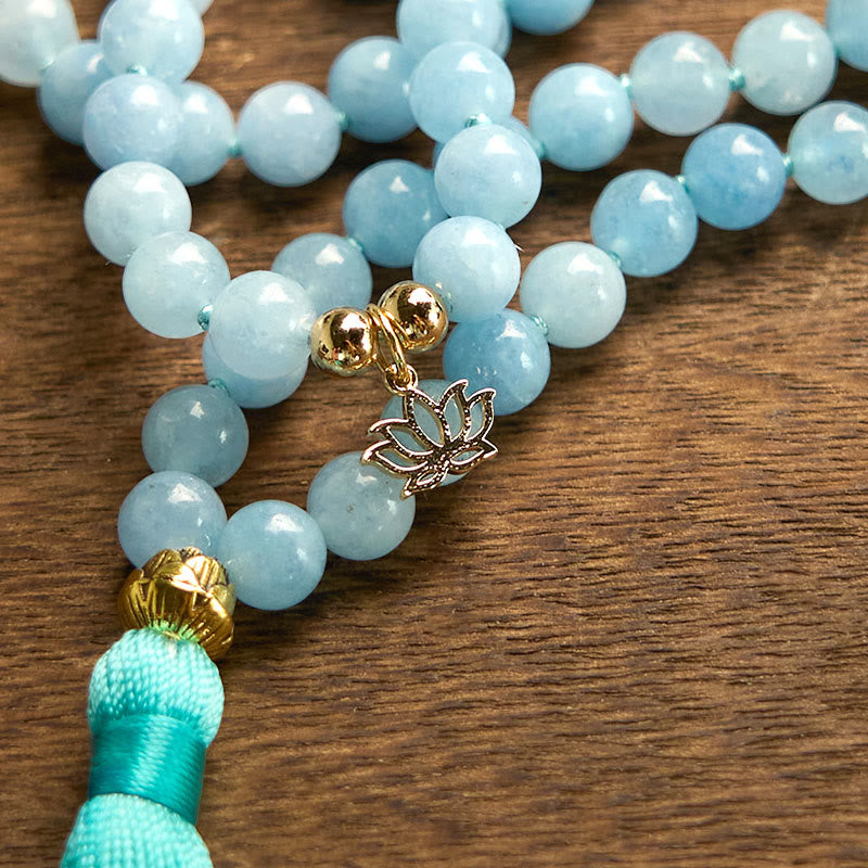 Wear FengShui 108 Mala Beads Natural Stone Aquamarine Tassel Lotus Healing Bracelet