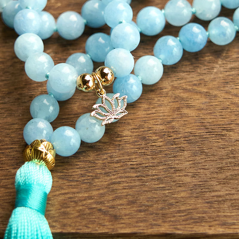 Wear FengShui 108 Mala Beads Natural Stone Aquamarine Tassel Lotus Healing Bracelet