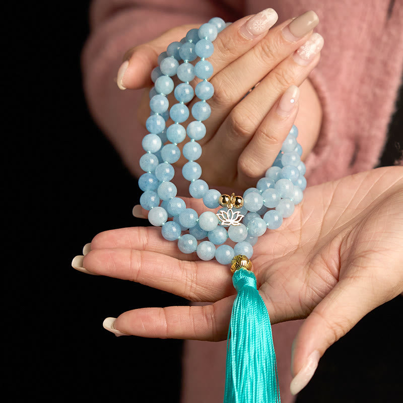 Wear FengShui 108 Mala Beads Natural Stone Aquamarine Tassel Lotus Healing Bracelet