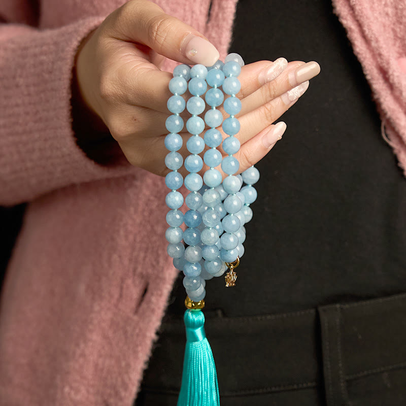 Wear FengShui 108 Mala Beads Natural Stone Aquamarine Tassel Lotus Healing Bracelet