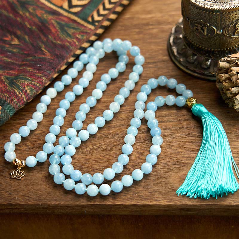 Wear FengShui 108 Mala Beads Natural Stone Aquamarine Tassel Lotus Healing Bracelet
