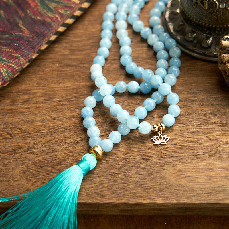 Wear FengShui 108 Mala Beads Natural Stone Aquamarine Tassel Lotus Healing Bracelet