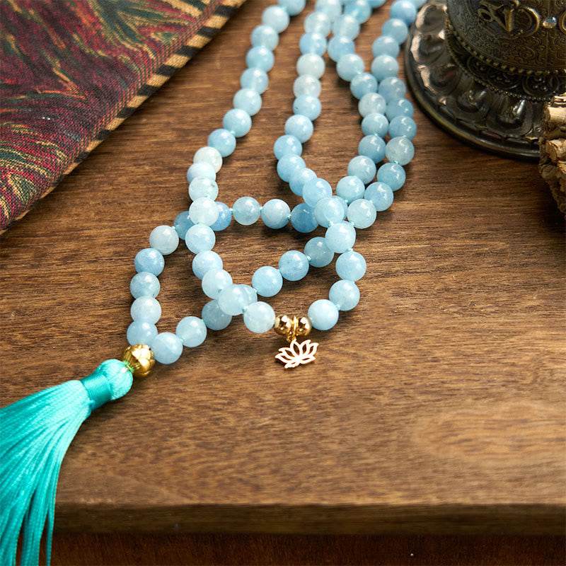 Wear FengShui 108 Mala Beads Natural Stone Aquamarine Tassel Lotus Healing Bracelet