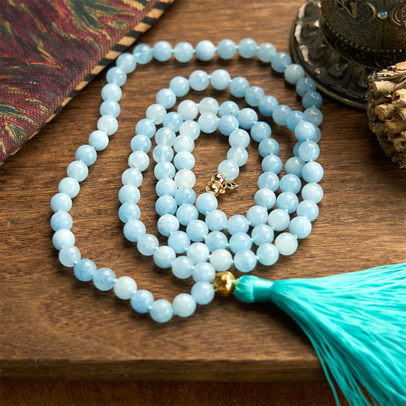 Wear FengShui 108 Mala Beads Natural Stone Aquamarine Tassel Lotus Healing Bracelet