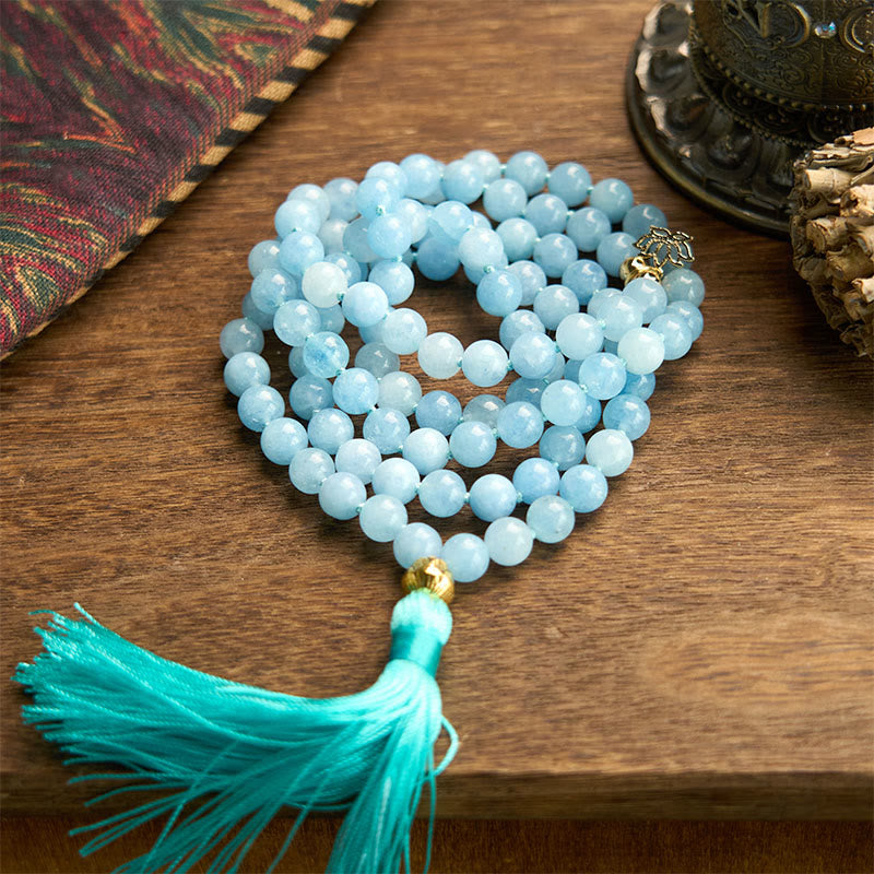 Wear FengShui 108 Mala Beads Natural Stone Aquamarine Tassel Lotus Healing Bracelet