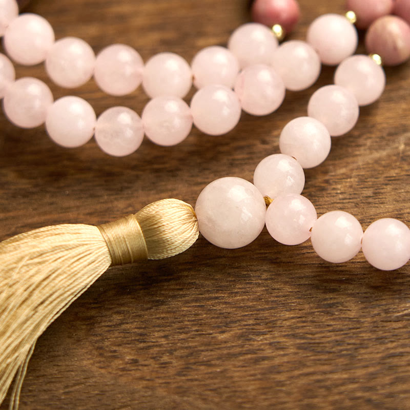 Wear FengShui 108 Mala Beads Rhodonite Rose Quartz Tassel Healing Bracelet