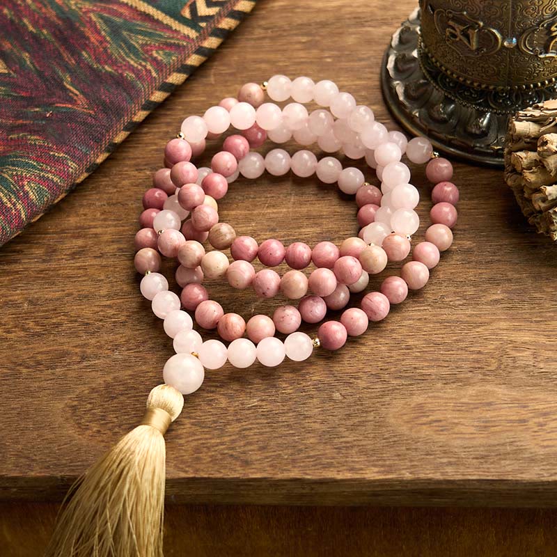 Wear FengShui 108 Mala Beads Rhodonite Rose Quartz Tassel Healing Bracelet