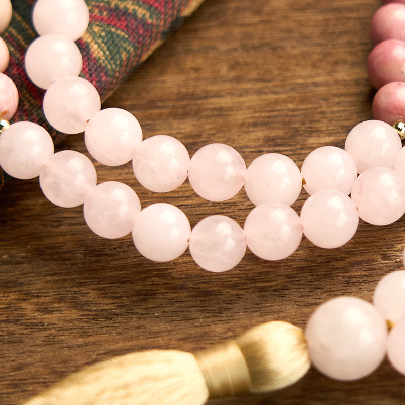 Wear FengShui 108 Mala Beads Rhodonite Rose Quartz Tassel Healing Bracelet