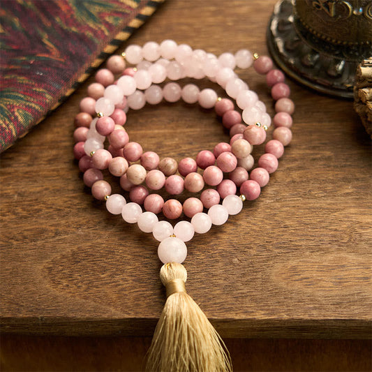 Wear FengShui 108 Mala Beads Rhodonite Rose Quartz Tassel Healing Bracelet