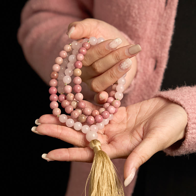 Wear FengShui 108 Mala Beads Rhodonite Rose Quartz Tassel Healing Bracelet