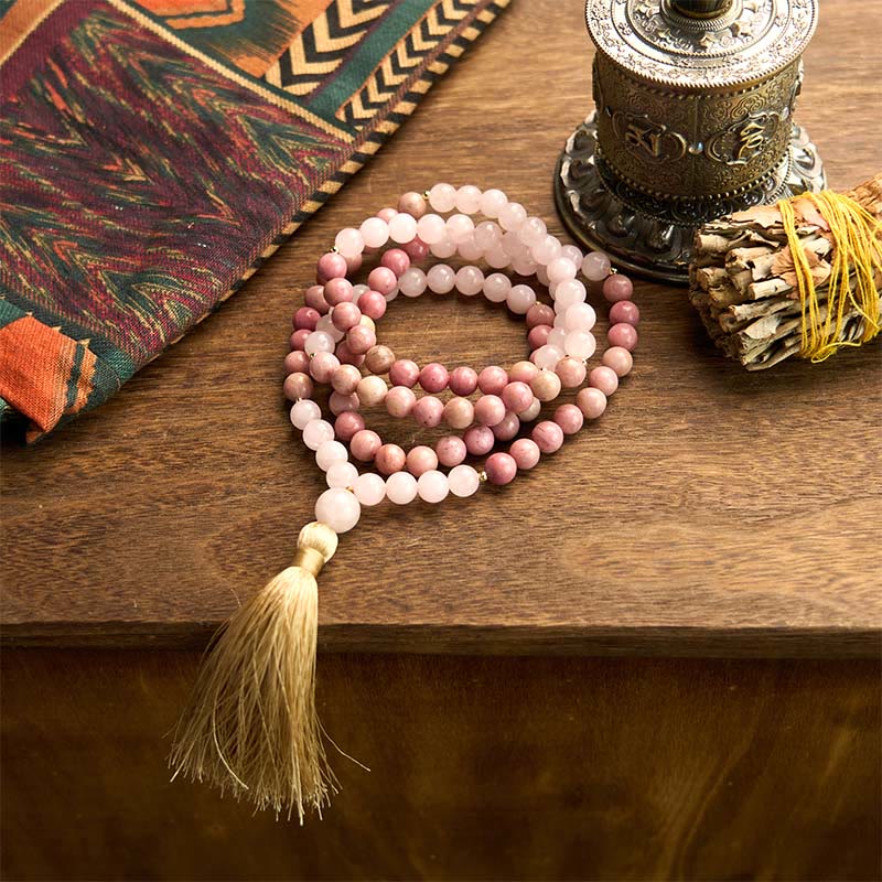 Wear FengShui 108 Mala Beads Rhodonite Rose Quartz Tassel Healing Bracelet