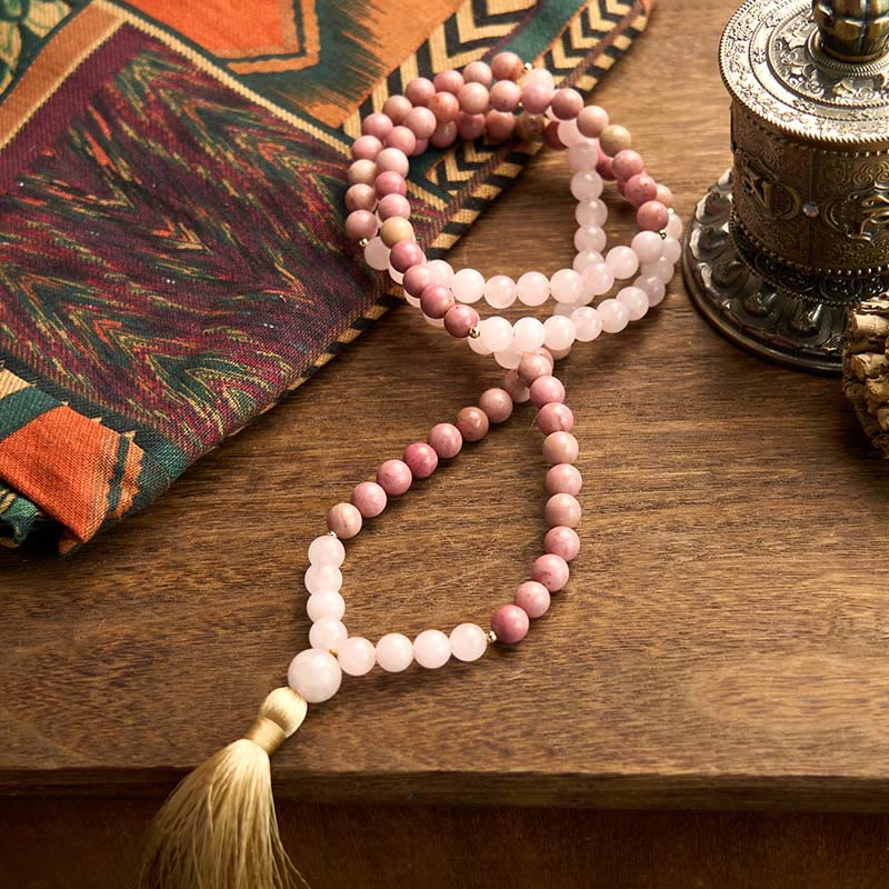 Wear FengShui 108 Mala Beads Rhodonite Rose Quartz Tassel Healing Bracelet