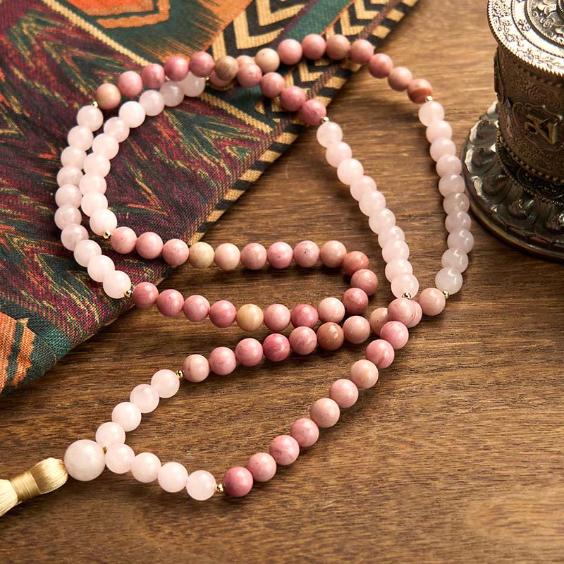 Wear FengShui 108 Mala Beads Rhodonite Rose Quartz Tassel Healing Bracelet