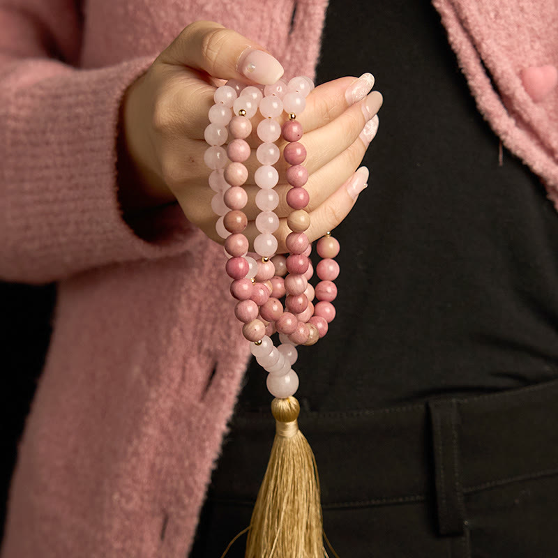 Wear FengShui 108 Mala Beads Rhodonite Rose Quartz Tassel Healing Bracelet