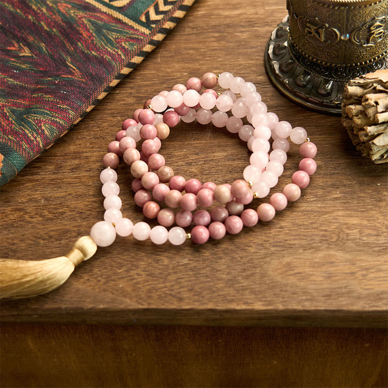 Wear FengShui 108 Mala Beads Rhodonite Rose Quartz Tassel Healing Bracelet