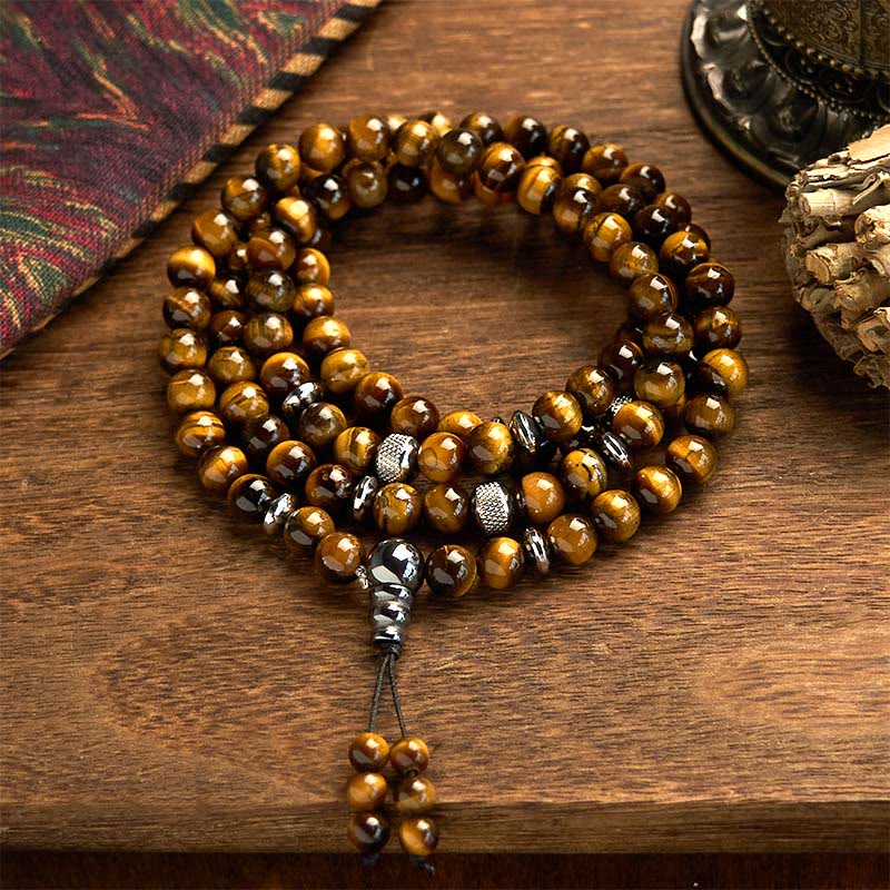 Wear FengShui 108 Mala Beads Natural Stone Tiger Eye Multi-turn Protection Bracelet