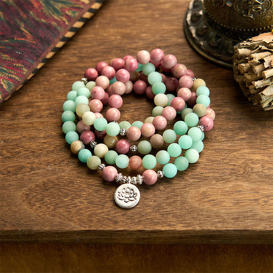 Wear FengShui 108 Mala Beads Rhodonite Amazonite Lotus Healing Bracelet