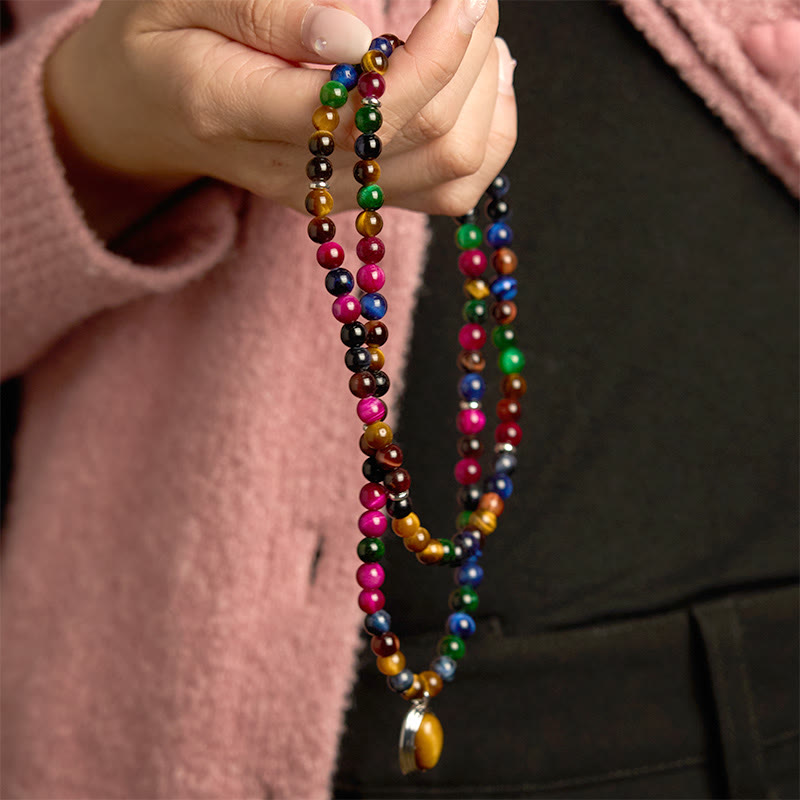 Wear FengShui 108 Mala Beads Natural Colorful Tiger Eye Stone Multi-turn Protection Bracelet