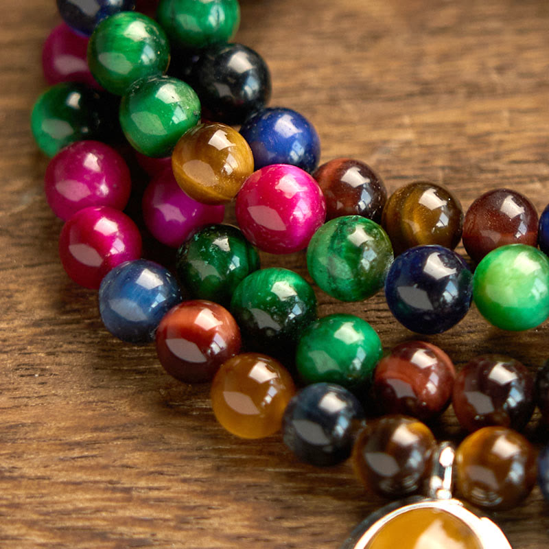 Wear FengShui 108 Mala Beads Natural Colorful Tiger Eye Stone Multi-turn Protection Bracelet