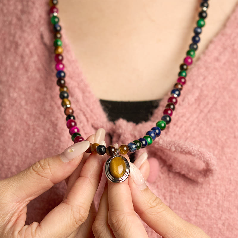 Wear FengShui 108 Mala Beads Natural Colorful Tiger Eye Stone Multi-turn Protection Bracelet