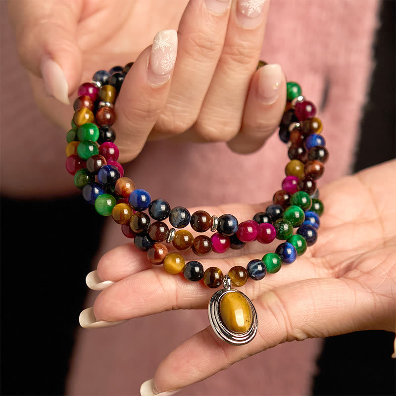Wear FengShui 108 Mala Beads Natural Colorful Tiger Eye Stone Multi-turn Protection Bracelet